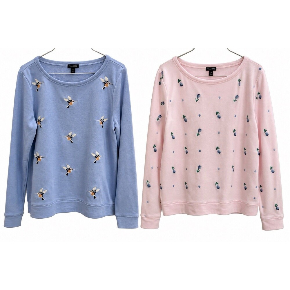 Talbots Women Hummingbird Embroidered Flowers Set of 2 Sweatshirt Sz M Blue Pink